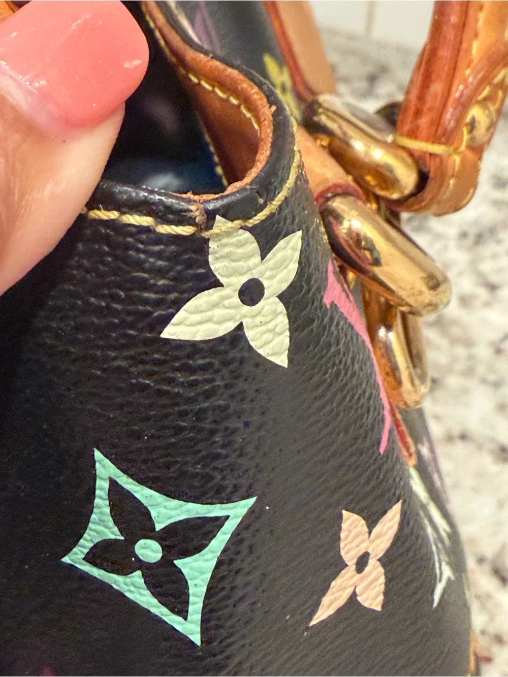 Louis Vuitton Black Multicolor Monogram Satchel with Tan Leather Trim